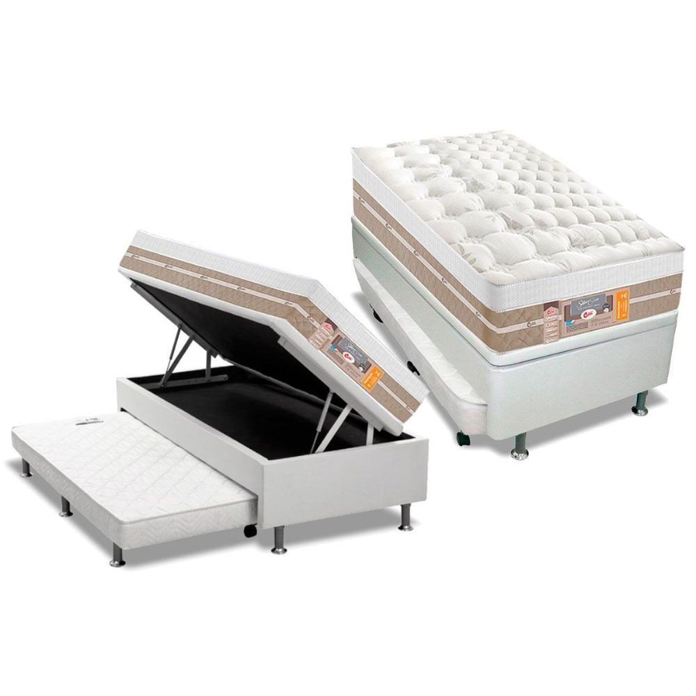 Cama Box Baú C-auxiliar Solteiro: Colchão Molas Castor Pocket Silver Star Air + Base Crc Courano Branco(88x188) - 1