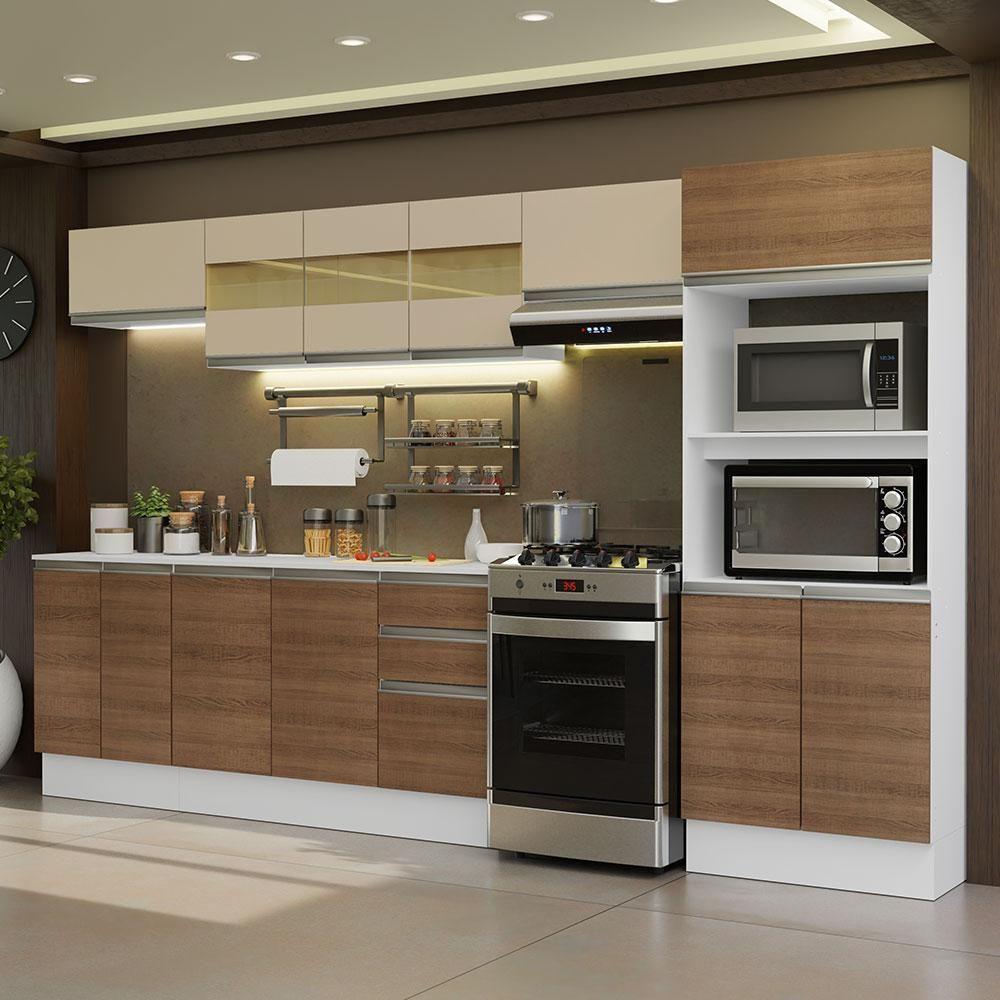 Armário De Cozinha Completa 100% MDF 310 Cm Smart 02 Xa Branco/Rustic/Crema - 1