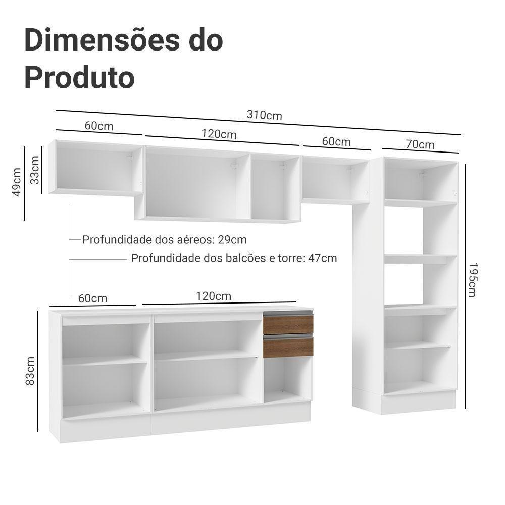 Armário De Cozinha Completa 100% MDF 310 Cm Smart 02 Xa Branco/Rustic/Crema - 3