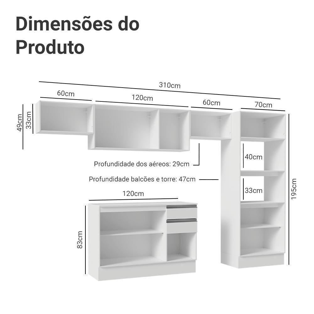 Armário De Cozinha Completa 100% MDF 310 Cm Smart 01 Xa Branco - 3