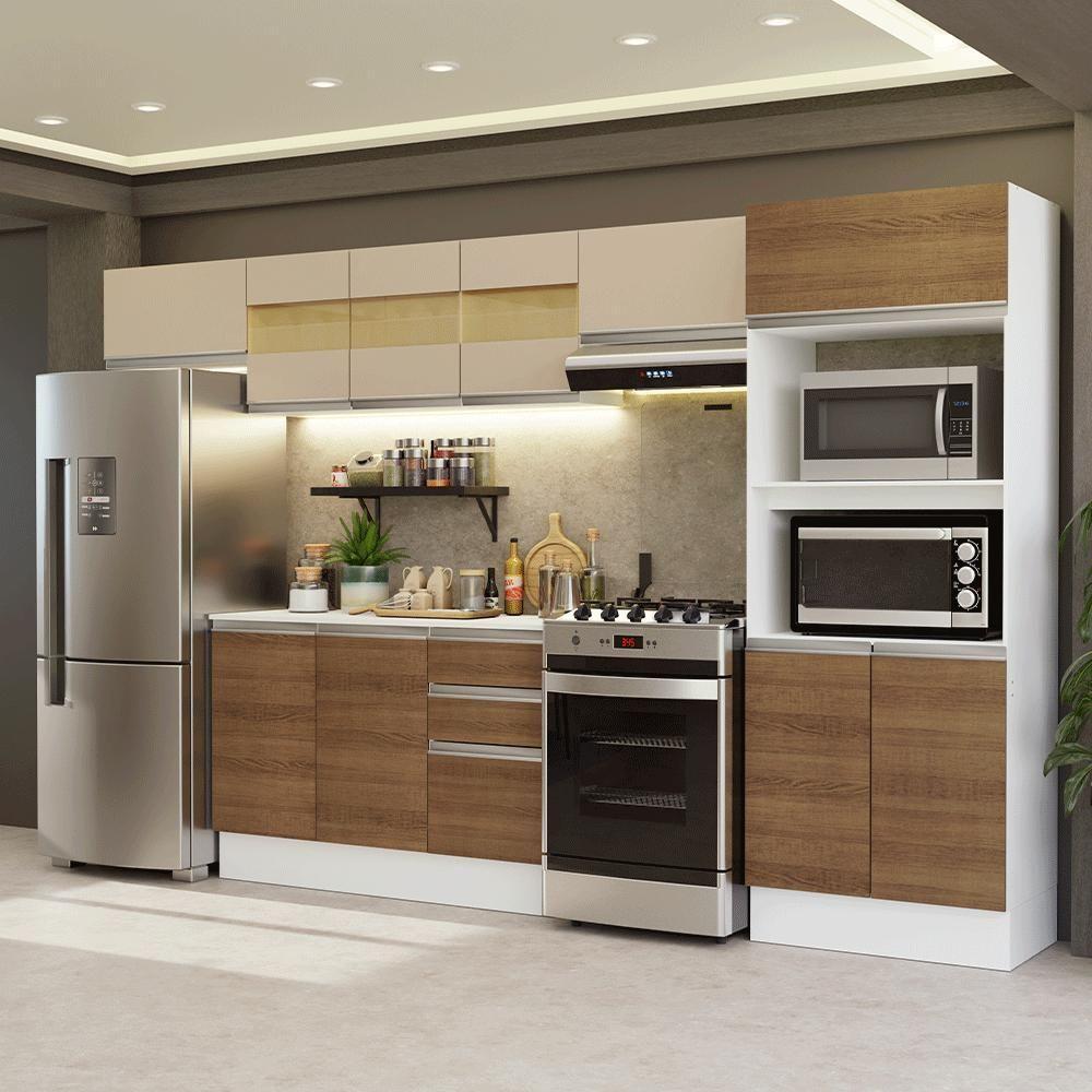 Armário De Cozinha Completa 100% MDF 310 Cm Smart 01 Xa Branco/Rustic/Crema - 1