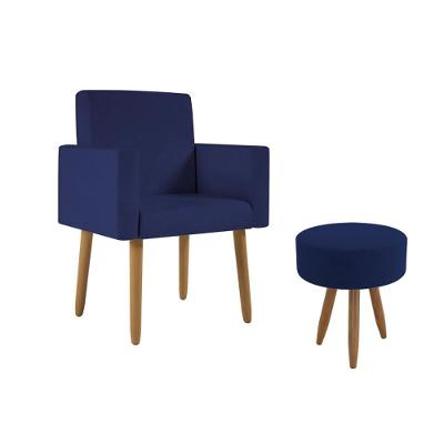 Kit Poltrona Decorativa Nina Com Puff Suede Azul Marinho Balaqui Decor