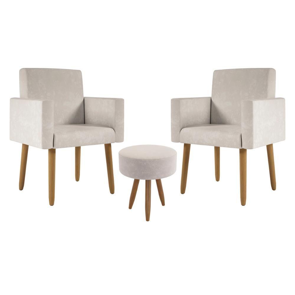 Kit 2 Poltronas Cadeira Recepção Nina Com Puff Balaqui Decor Bege - 1