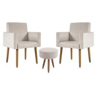 Kit 2 Poltronas Cadeira Recepção Nina Com Puff Balaqui Decor Bege - 1