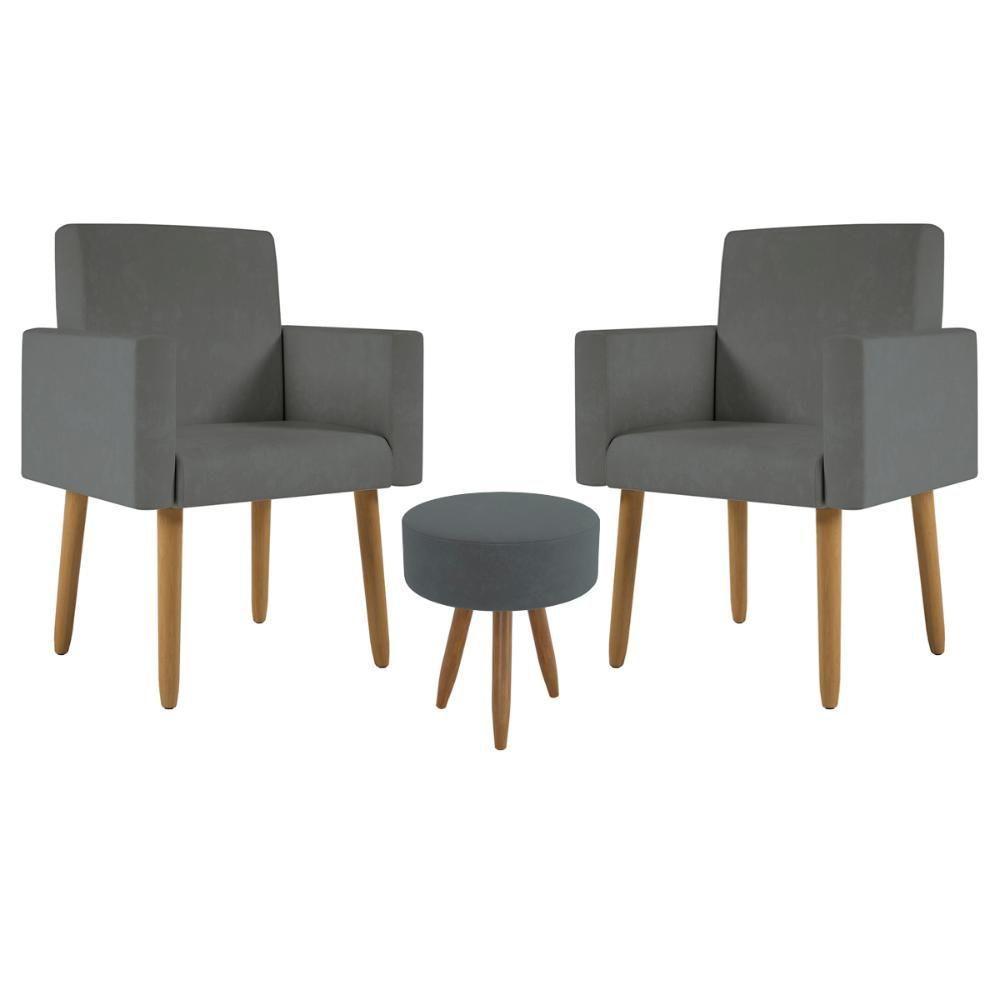 Kit 2 Poltronas Decorativa Sala Nina Com Puff Balaqui Decor Cinza - 1