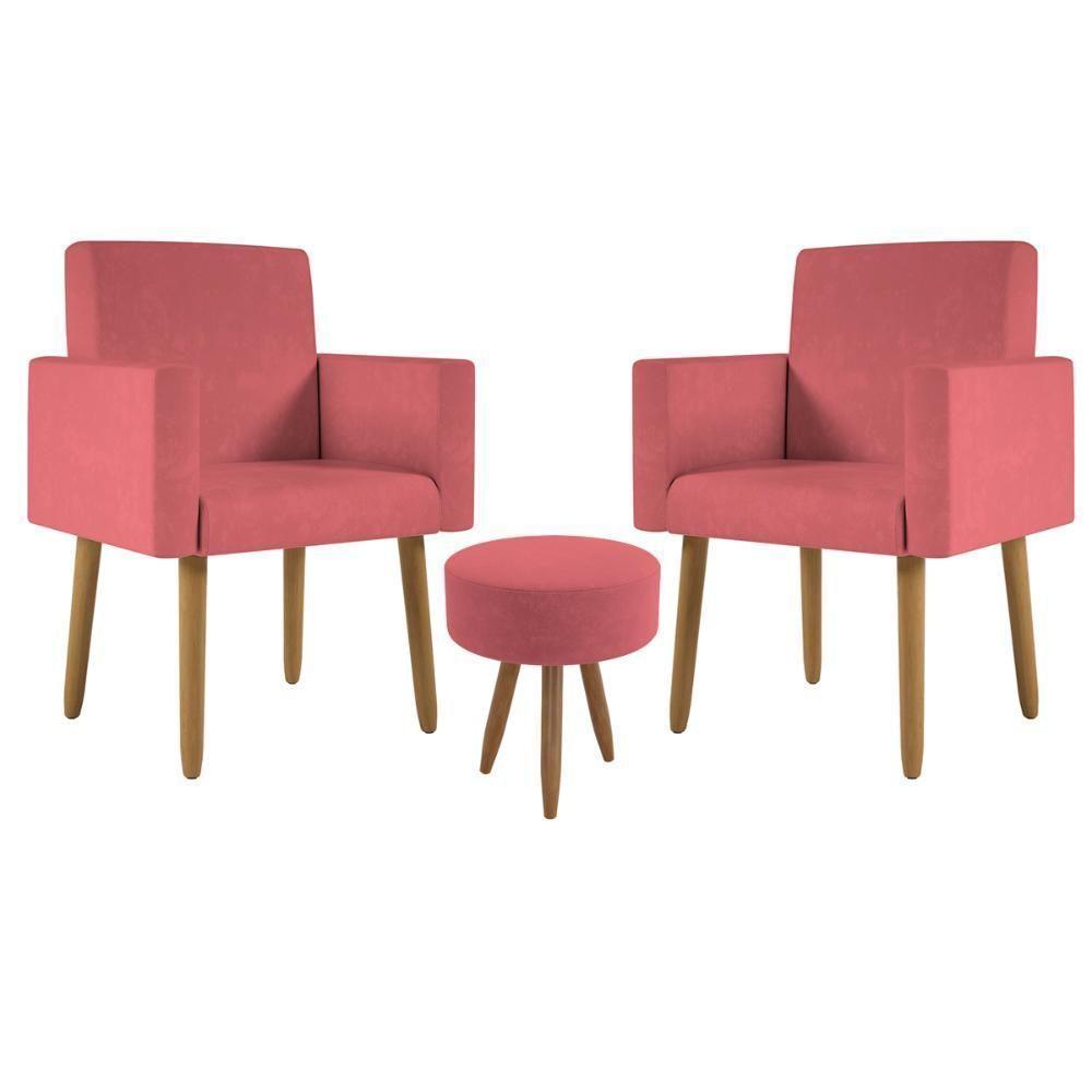Kit 2 Poltronas Cadeira Recepção Nina Com Puff Balaqui Decor Rosa - 1