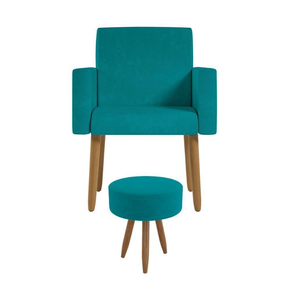 Poltrona Decorativa Cadeira Sala Com Puff Balaqui Decor Azul Turquesa - 5
