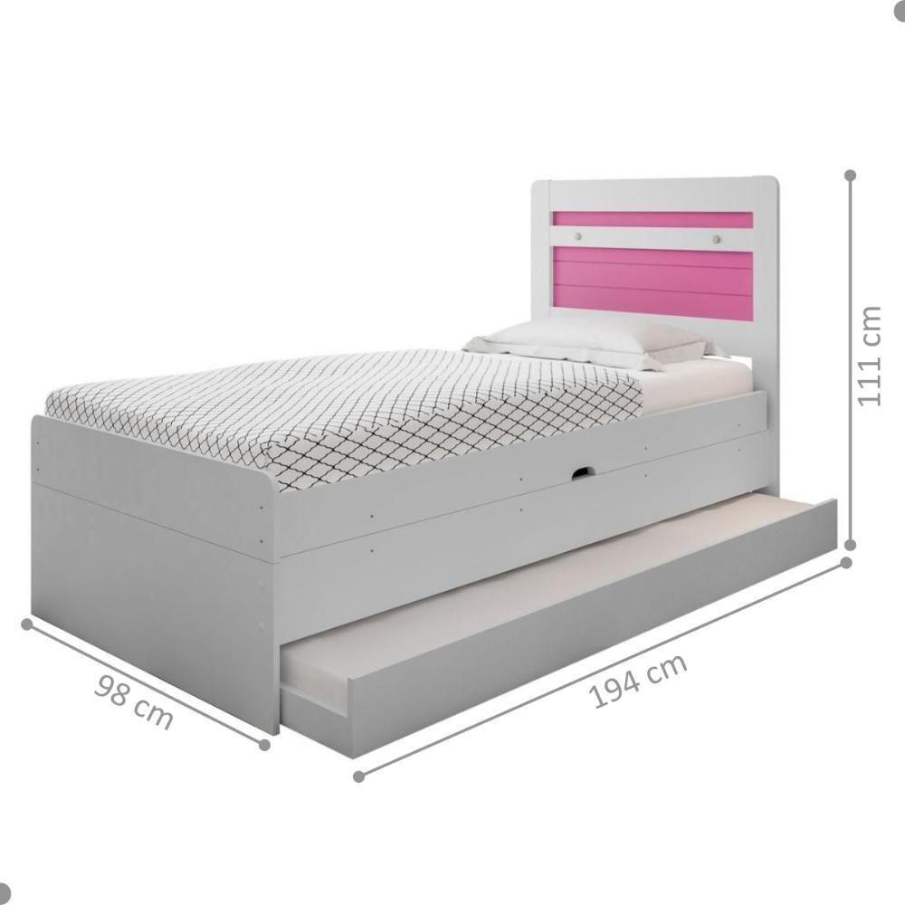 Cama Baú Solteiro Larissa Branco e Rosa Com Auxiliar - 2