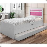 Cama Baú Solteiro Larissa Branco e Rosa Com Auxiliar - 1