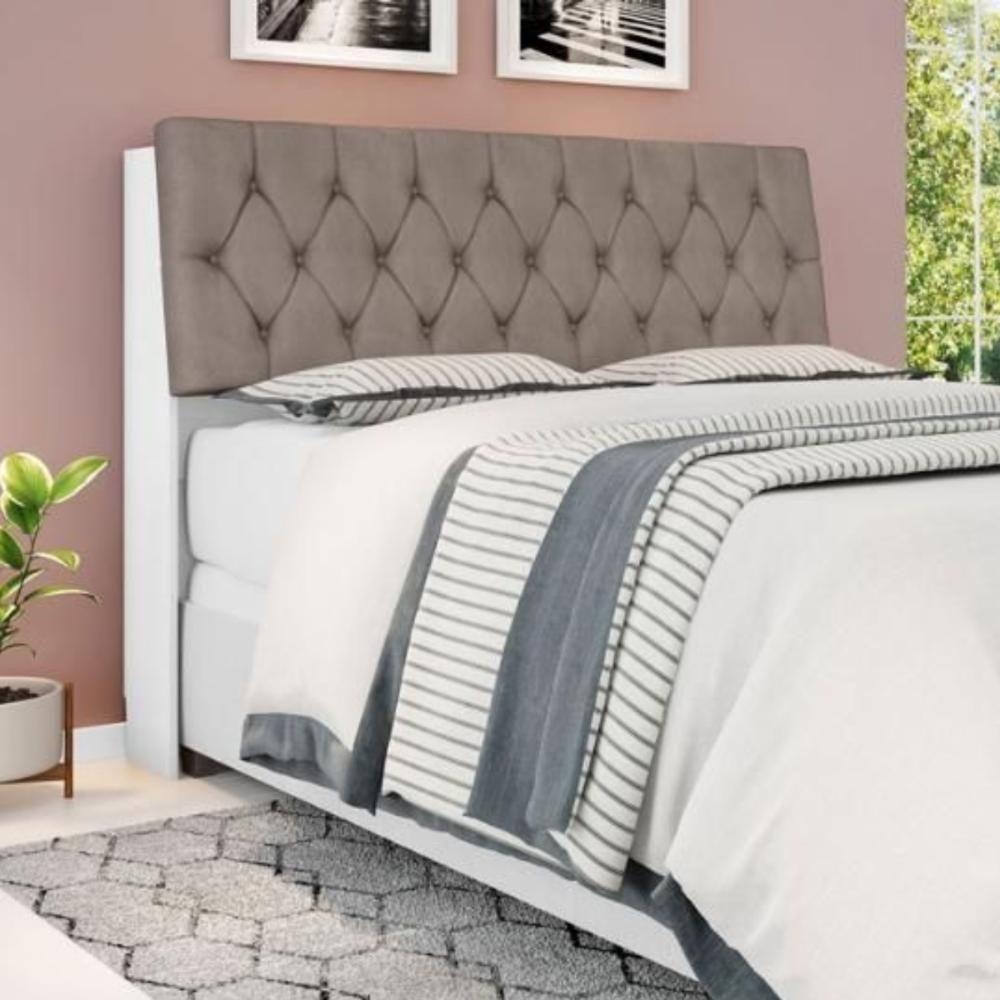 Cabeceira Box Casal Isis Branco Com Capitonê Bege Escuro - 1