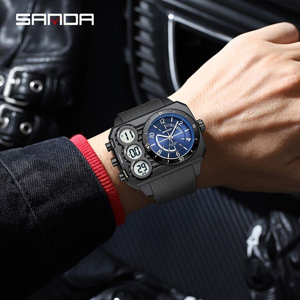 Relógio Esportivo Masculino Sanda Dupla Exibição Resistente À Água 50m Preto Azul - 4