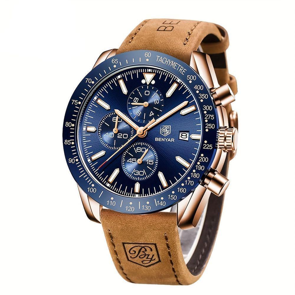 Relógio Analógico De Quartzo Cronógrafo Luminoso Designer De Pulso Azul Dourado - 1