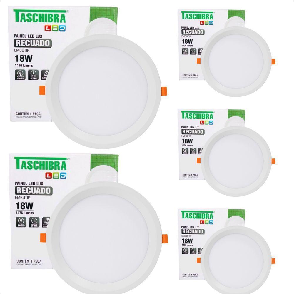 Kit 5 Painel De Led Redondo Embutir Recuado 18w Bivolt Taschibra 6500k Frio - 1