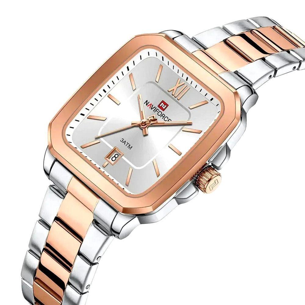 Relógio De Quartzo Feminino Casual Mostrador Quadrado Pulseira Em Aço Inoxidável Impermeavel Prata Rose - 2