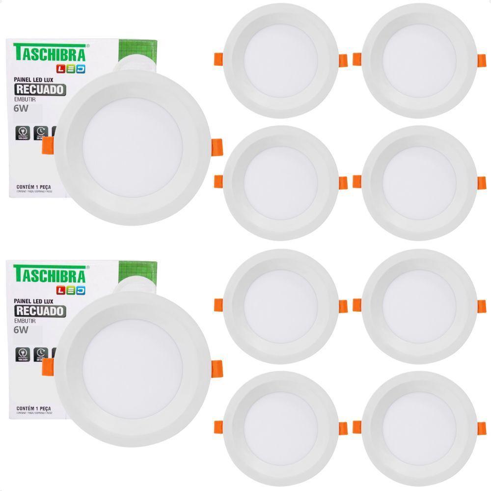 Kit 10 Painel De Led Redondo Embutir Recuado 6w Bivolt Taschibra 6500k Frio - 1