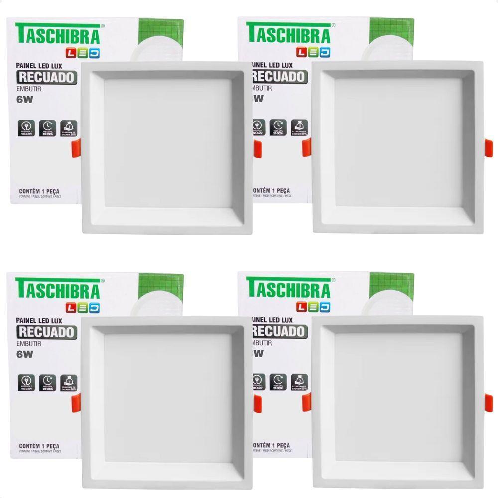 Kit 4 Painel De Led Quadrado Embutir Recuado 6w Bivolt Taschibra 6500k Frio - 1