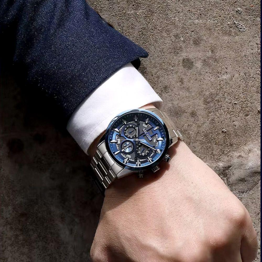 Relógio De Pulso Masculino Com Pulseira De Aço Inoxidáve Com Data Automática Impermeavel 3atm Azul - 3