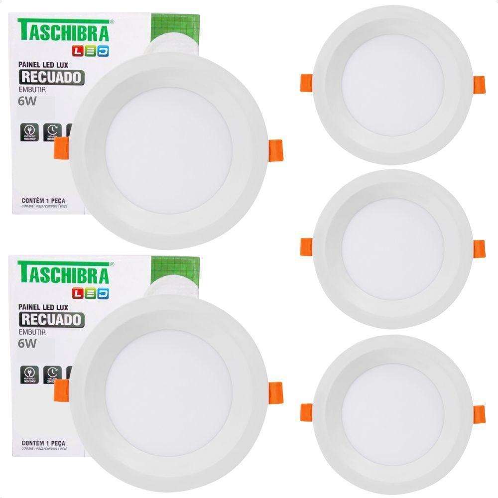 Kit 5 Painel De Led Redondo Embutir Recuado 6w Bivolt Taschibra 6500k Frio - 1