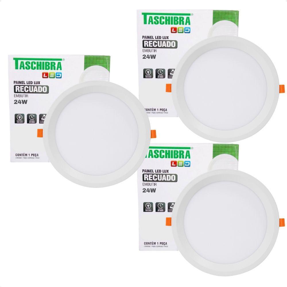 Kit 3 Painel De Led Redondo Embutir Recuado 24w Bivolt Taschibra 6500k Frio - 1