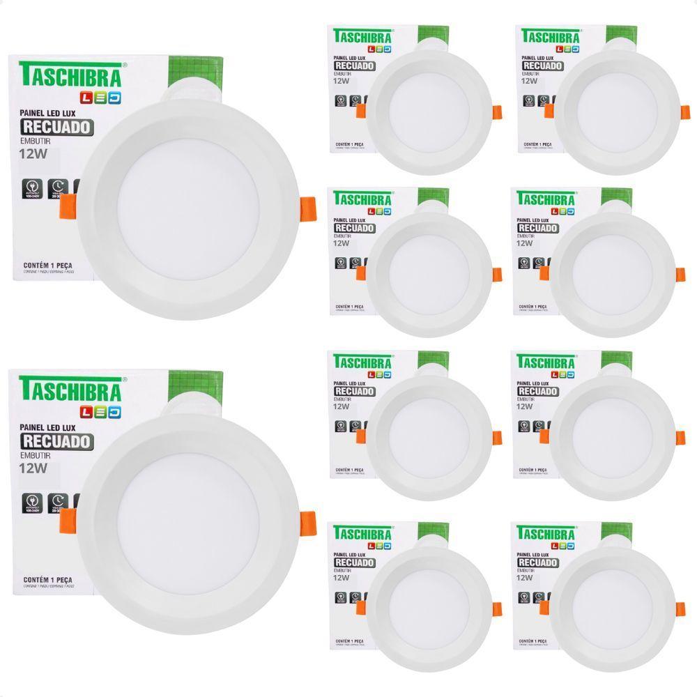 Kit 10 Painel De Led Redondo Embutir Recuado 12w Bivolt Taschibra 4000k Neutro - 1