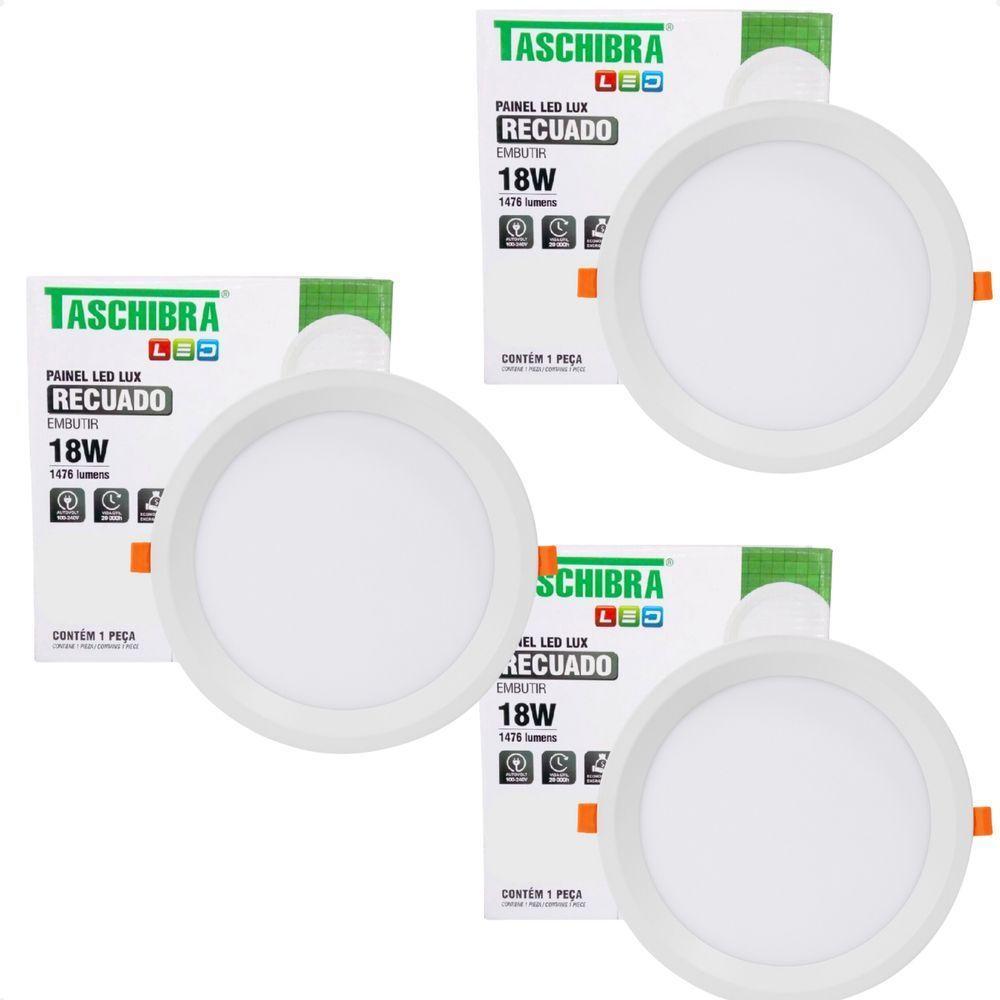 Kit 3 Painel De Led Redondo Embutir Recuado 18w Bivolt Taschibra 6500k Frio - 1
