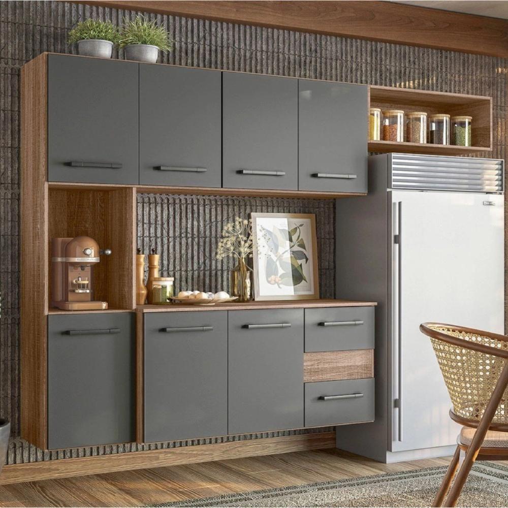 Cozinha Suspensa Juliete 7 Portas 2 Gavetas Carvalho Rústico Chumbo Nicioli - 1