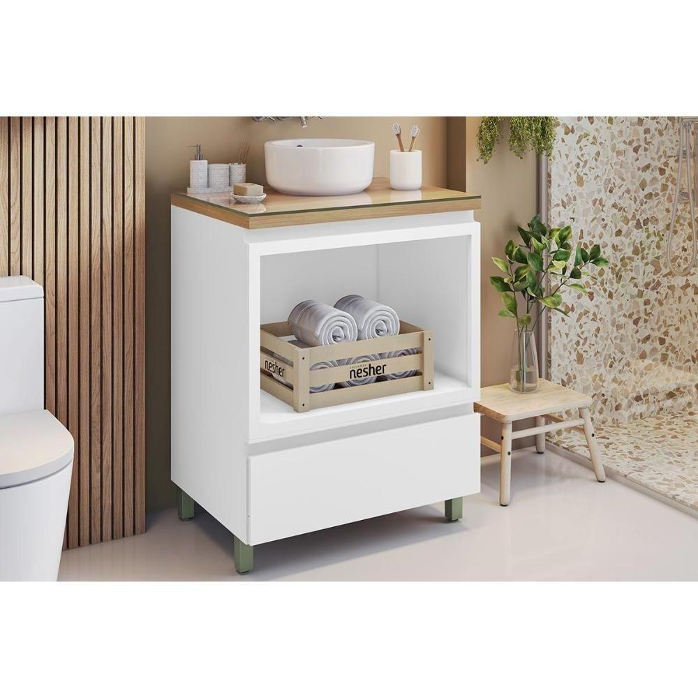 Bancada De Banheiro Balcão Rainha C- 1 Gaveta E 1 Nicho 70cm Branca-nature - Nesher - 1