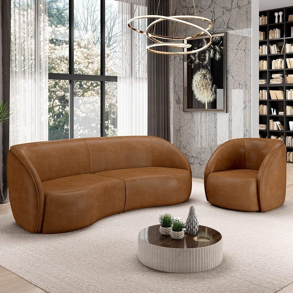 Kit Sofá 4 Lugares Eron 240cm Com Poltrona Giratória Angelina M03 Couríssimo Whisky - Lyam Decor - 1