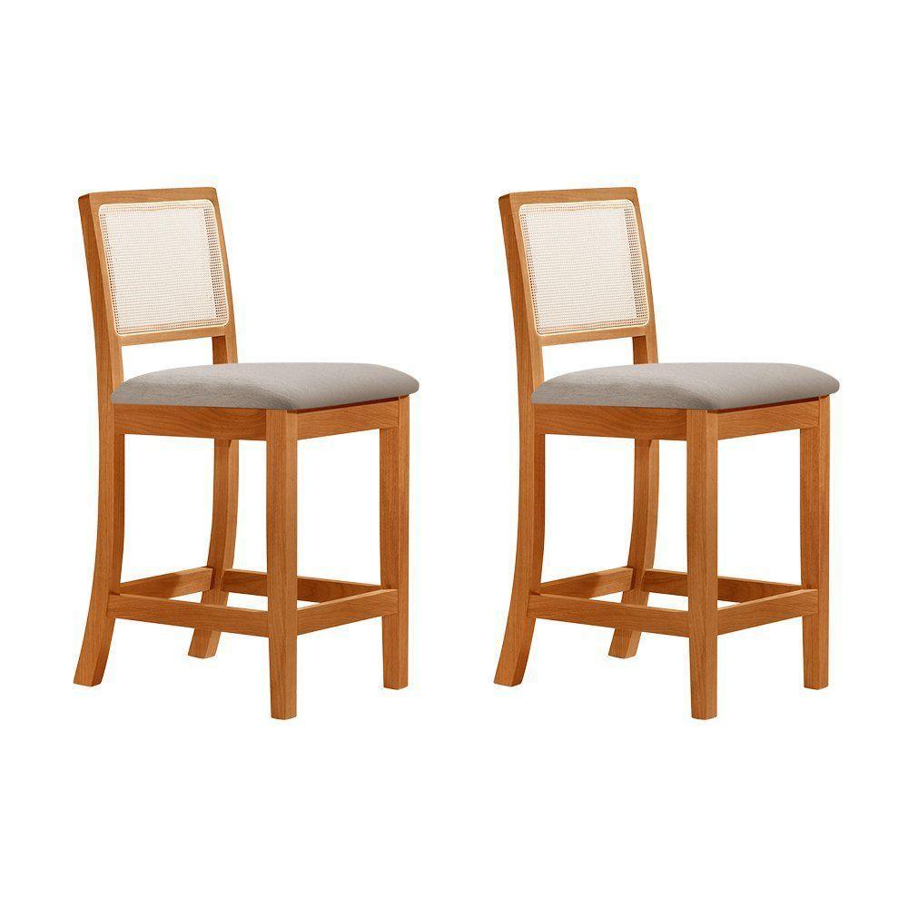 Kit 2 Banquetas Altas Em Tela Sextavadas Assento Estofado Linho Bege Rubi Madeira Maciça Mel - 1