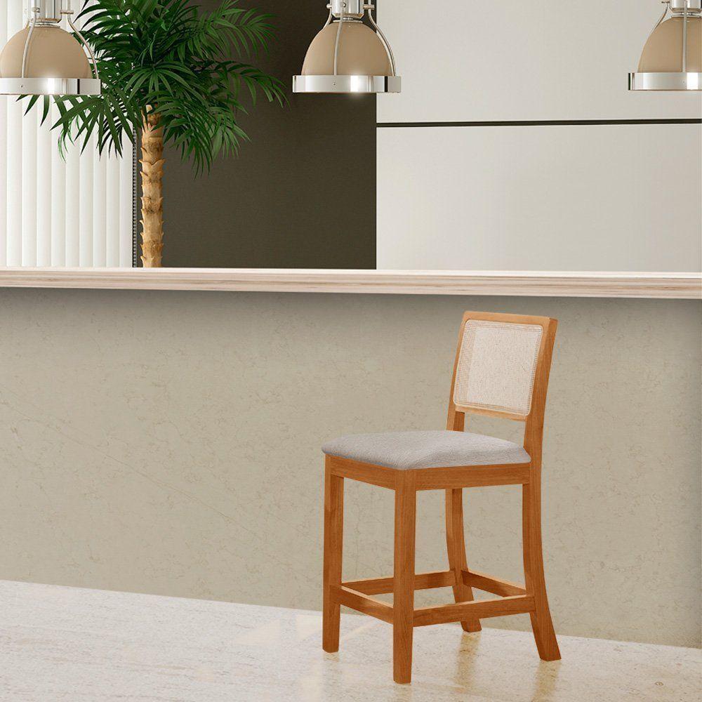 Kit 2 Banquetas Altas Em Tela Sextavadas Assento Estofado Linho Bege Rubi Madeira Maciça Mel - 2