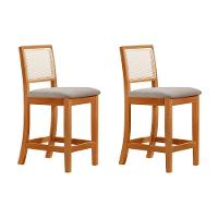 Kit 2 Banquetas Altas Em Tela Sextavadas Assento Estofado Linho Bege Rubi Madeira Maciça Mel - 1