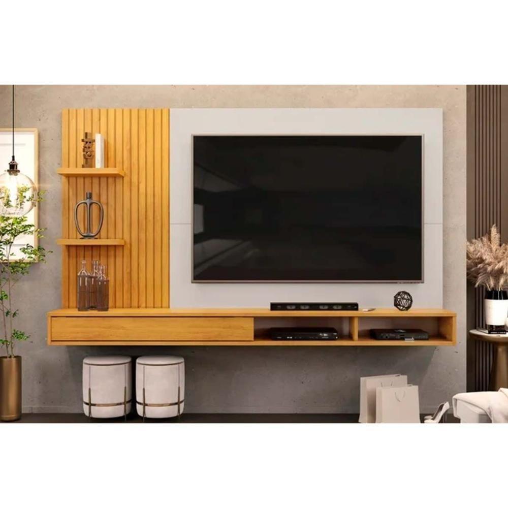 Painel Quarto P- Tv Até 60 Polegadas Bento Ripado C- Prateleiras 190x107cm Cedro-bali - Dj Móveis - 1