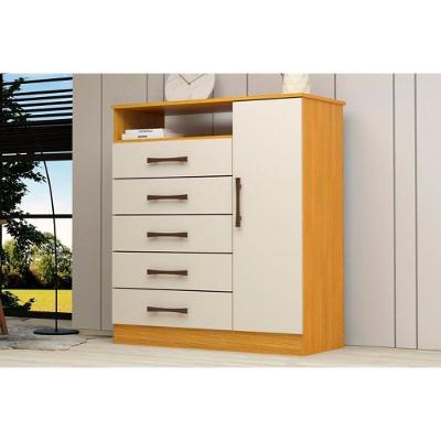 Cômoda de Quarto Madri 5 Gavetas em MDF com Puxador Plástico Off White e Nature