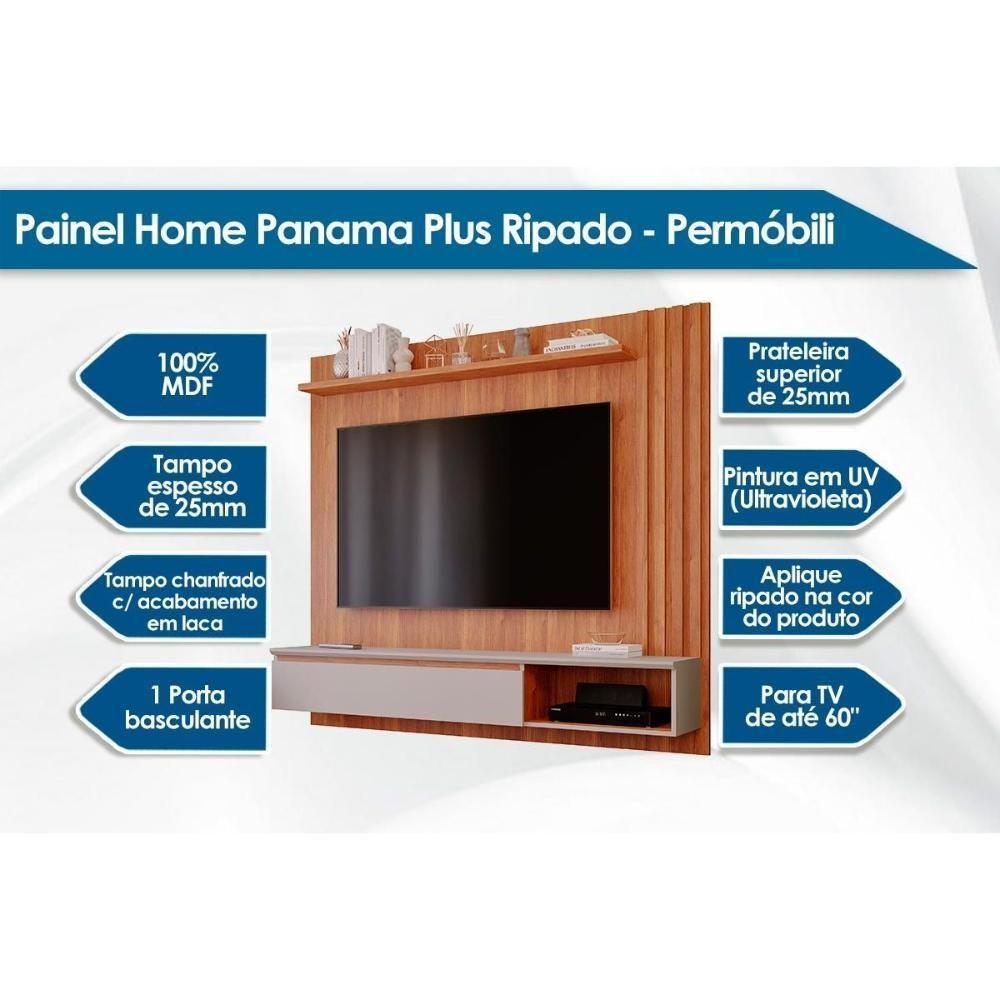 Painel Quarto P- Tv Até 60 Pol Panama Plus Ripado C- 1 Porta 162x157cm Off White-nature - Permóbili - 2