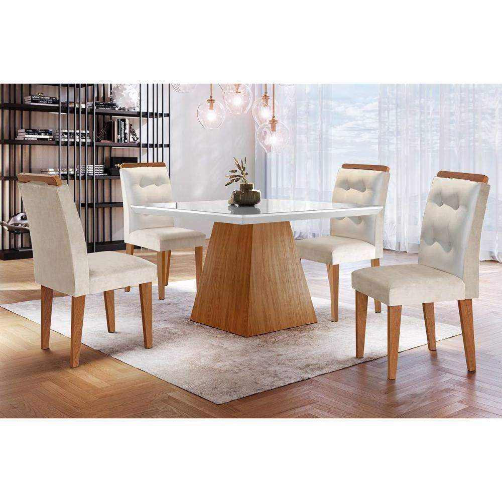 Sala De Jantar Completa Luna C- Tampo Madeirado Vidro Canto Curvo 90x90cm E 4 Cadeiras Imperatriz Imbuia-off White - Suede Creme - Rufato - 1