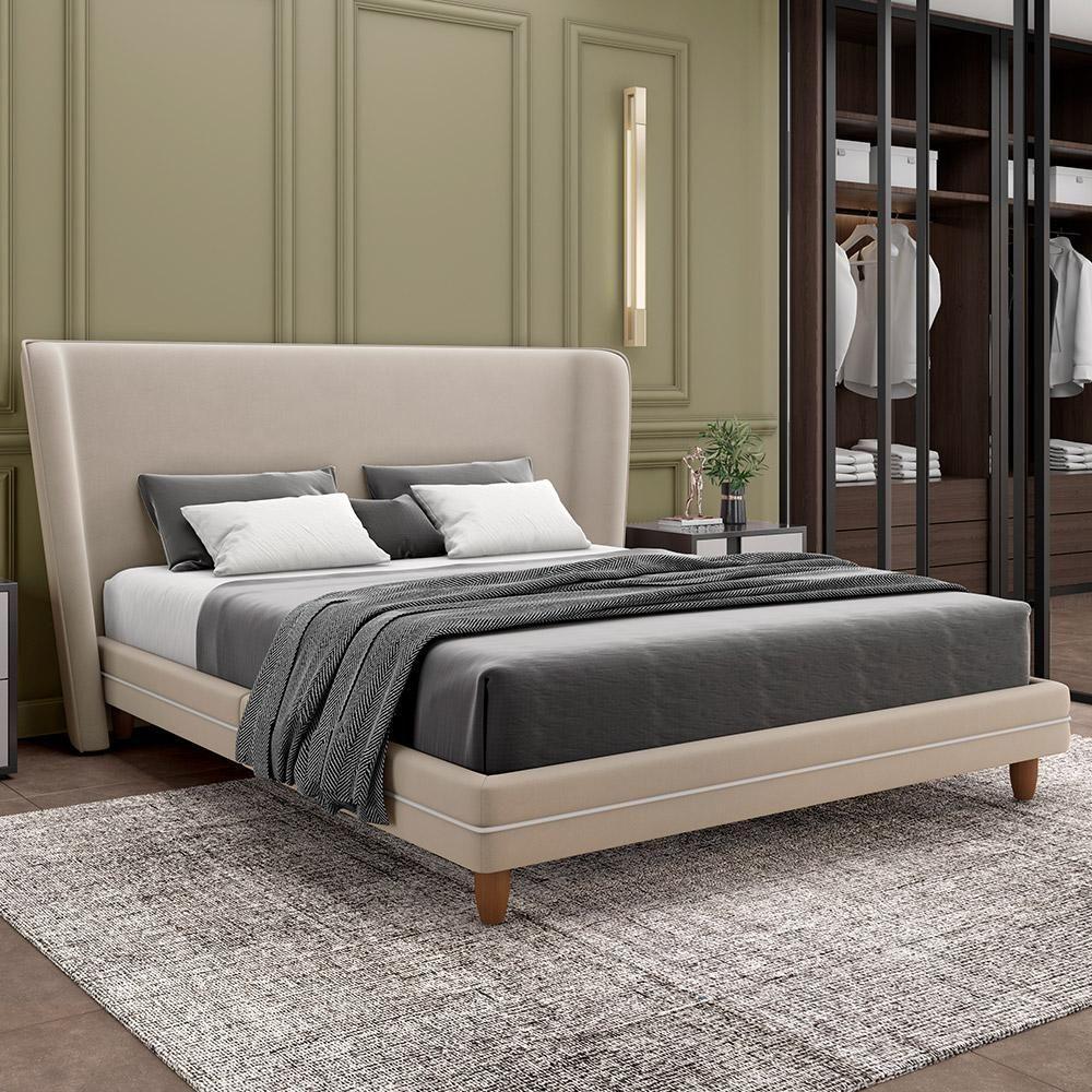 Cabeceira Queen Nilo 160cm Com Cama Pés Madeira Suném P05 Veludo Bege - Lyam Decor - 1