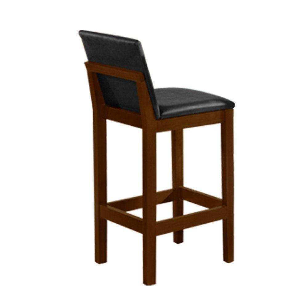 Kit 4 Banquetas Alta Pérola Com Encosto Estofada Em Couro Pu Preto Madeira Maciça Imbuia - 4