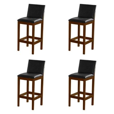 Kit 4 Banquetas Alta Pérola Com Encosto Estofada Em Couro Pu Preto Madeira Maciça Imbuia