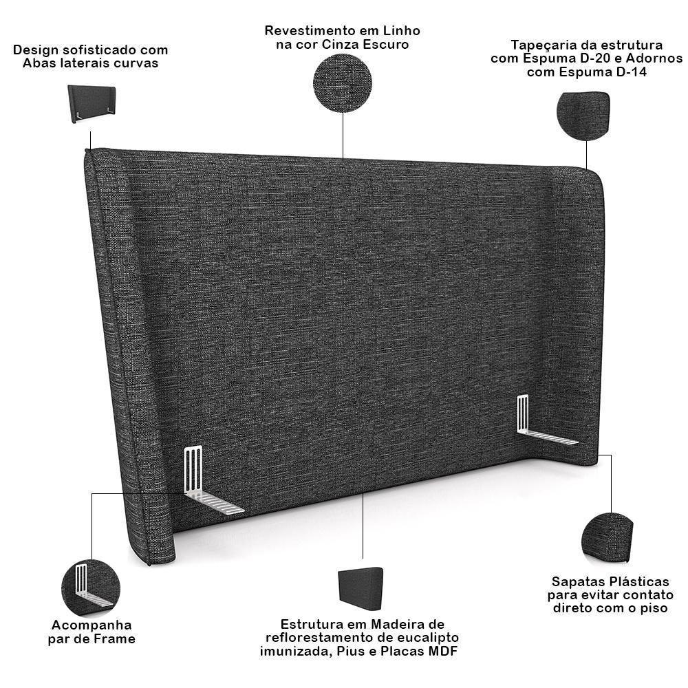 Cabeceira Queen Nilo 160cm Com Cama Pés Madeira Suném P05 Linho Cinza Escuro - Lyam Decor - 4
