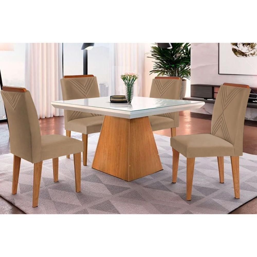Sala De Jantar Completa Luna C- Tampo Madeirado Vidro Canto Curvo 90x90cm E 4 Cadeiras Amsterdã Imbuia-off White - Suede Capuccino - Rufato - 1