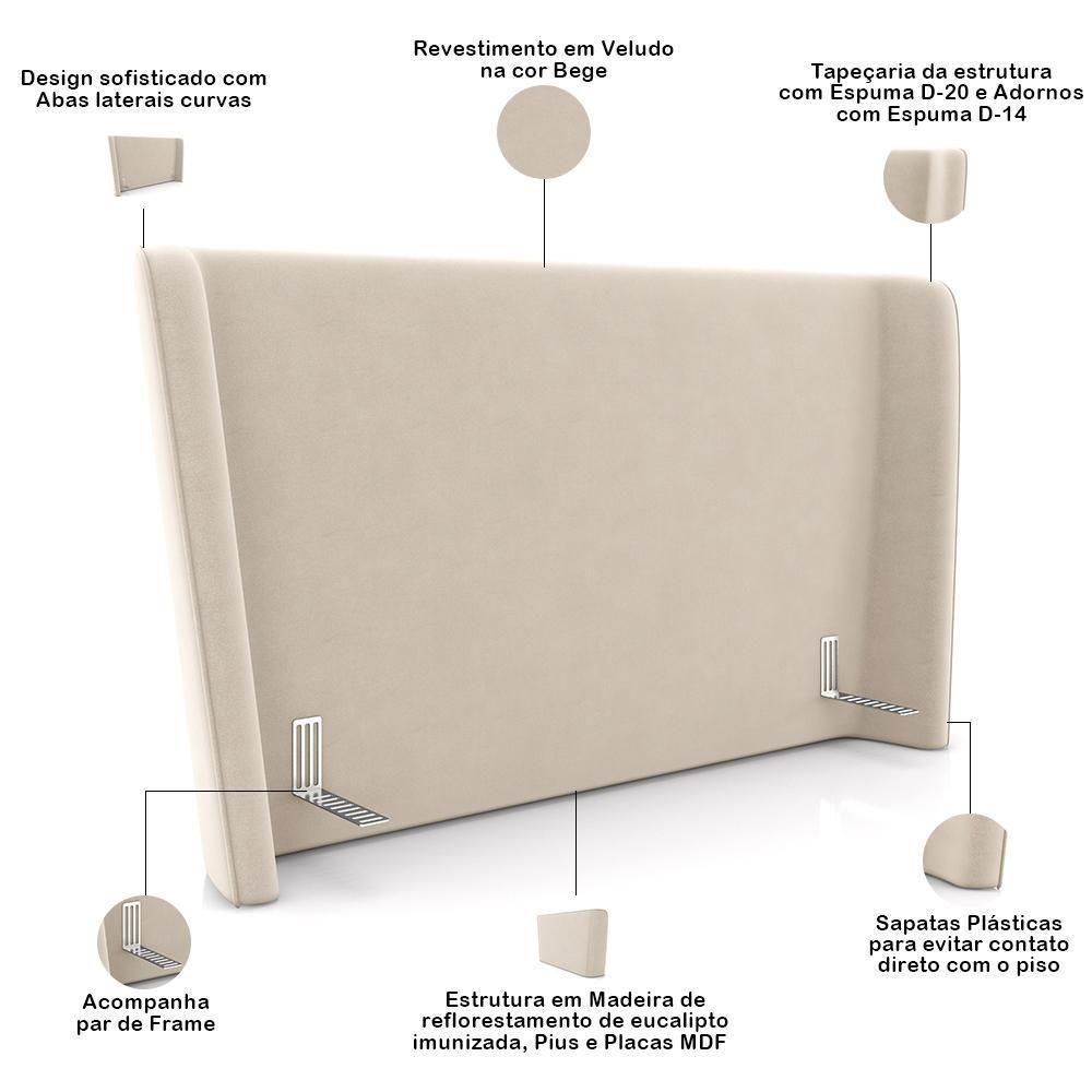 Cabeceira Casal Nilo 140cm Com Cama Pés Madeira Suném P05 Veludo Bege - Lyam Decor - 4