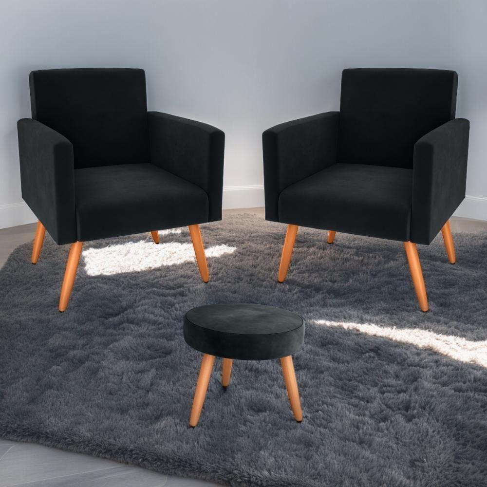 Jogo De Poltronas E Puff Austin Veludo Inca Preto - 1