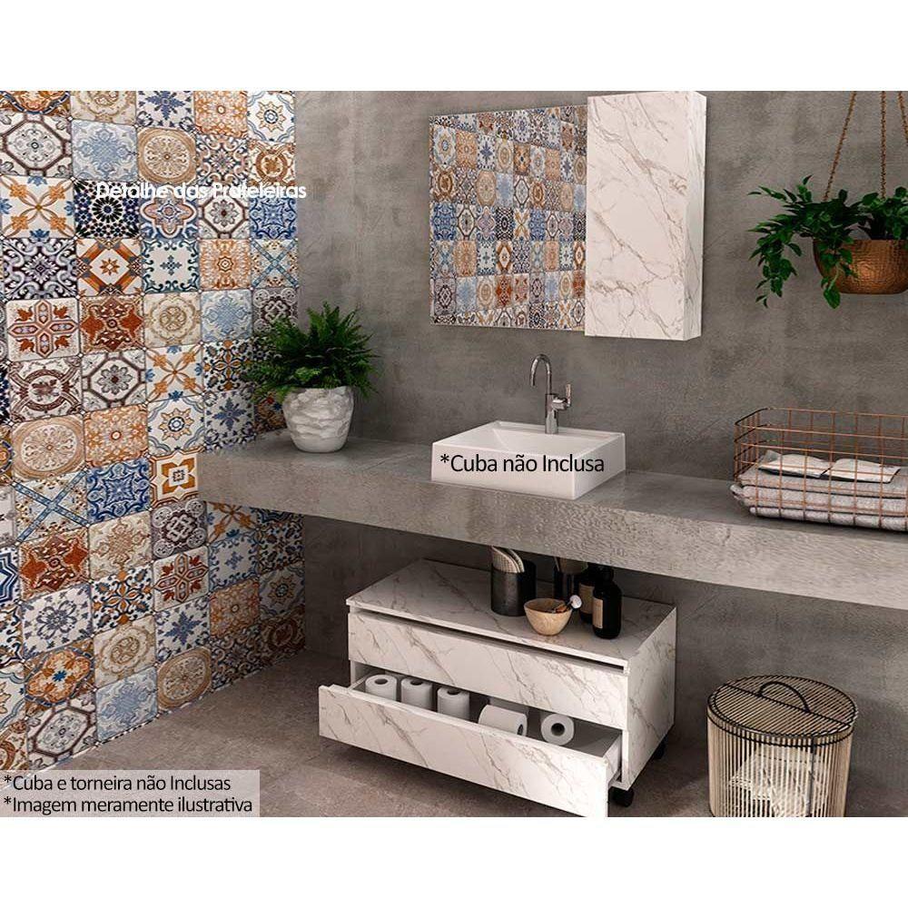 Conjunto De Banheiro Balcão C- Rodizios Bn3603 S- Cuba 80cm E Armário C- Espelho Bn3602 Mármore Branco - Tecno Mobili - 1