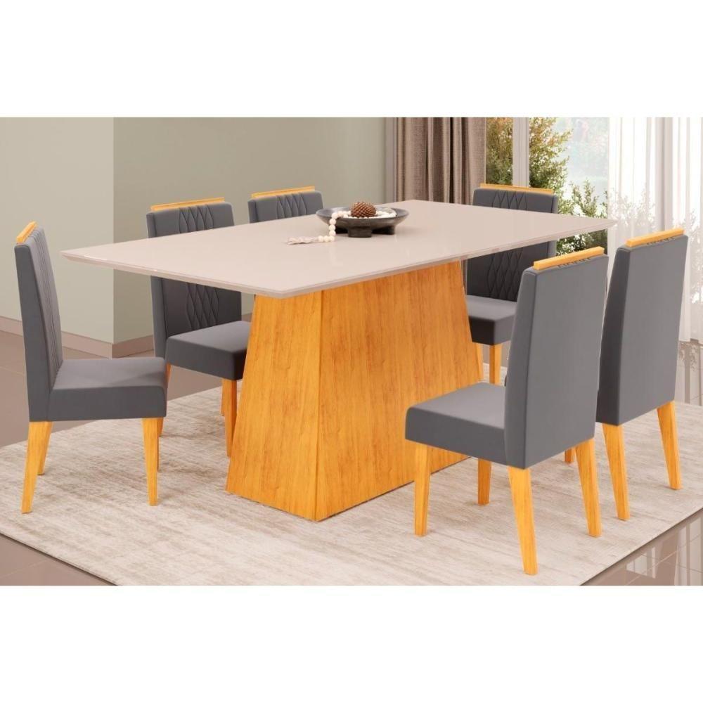 Cozinha Completa Dulce Tampo Madeirado Com Vidro Reto 180x90cm E 6 Cadeiras Lia Cedro Off White Suede Lunar - 1