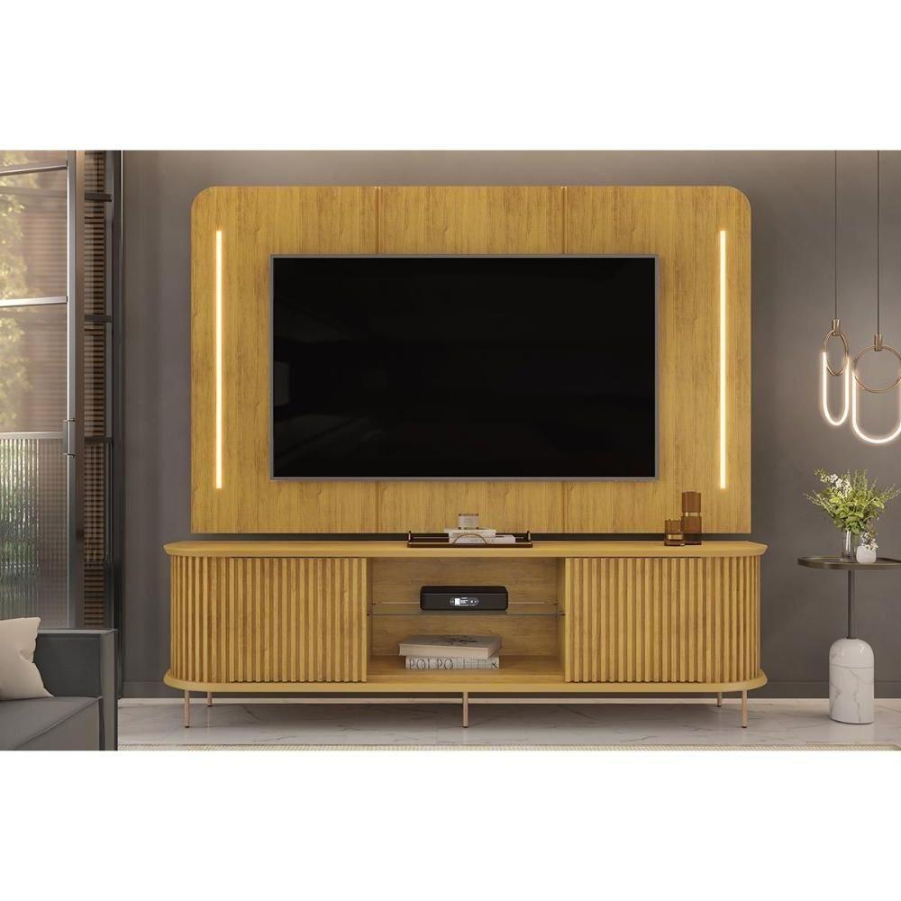 Estante P- Sala Até 75 Pol Atlas Ripado C- 2 Portas 218x62cm Cedro - Dj Móveis - 1