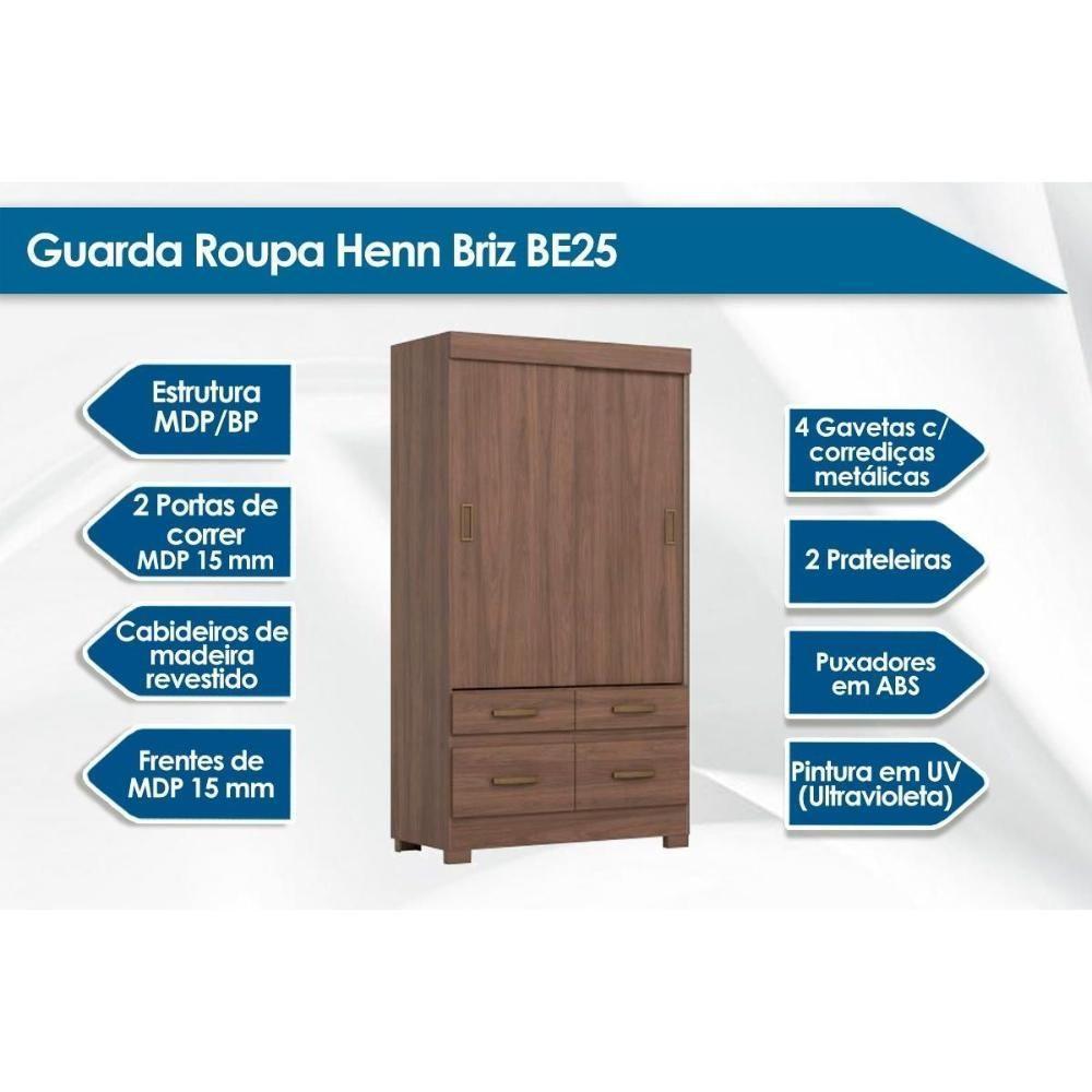 Guarda Roupa Casal 2 Portas De Correr E 4 Gavetas C- Pés Briz Be25 Branco - Henn - 4