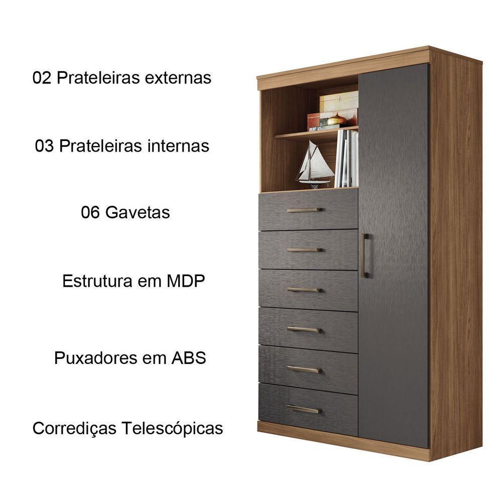 Cômoda Alta 1 Porta 6 Gavetas Marbella Jatobá Grafite - 6