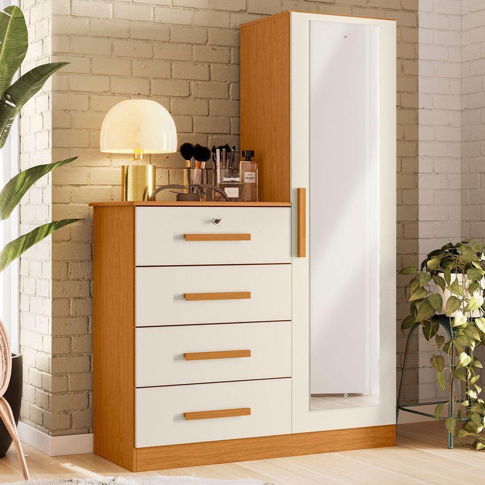 Cômoda Guarda-roupa Caribe 4 Gavetas 1 Porta Com Espelho Cinamomo Off White - 2