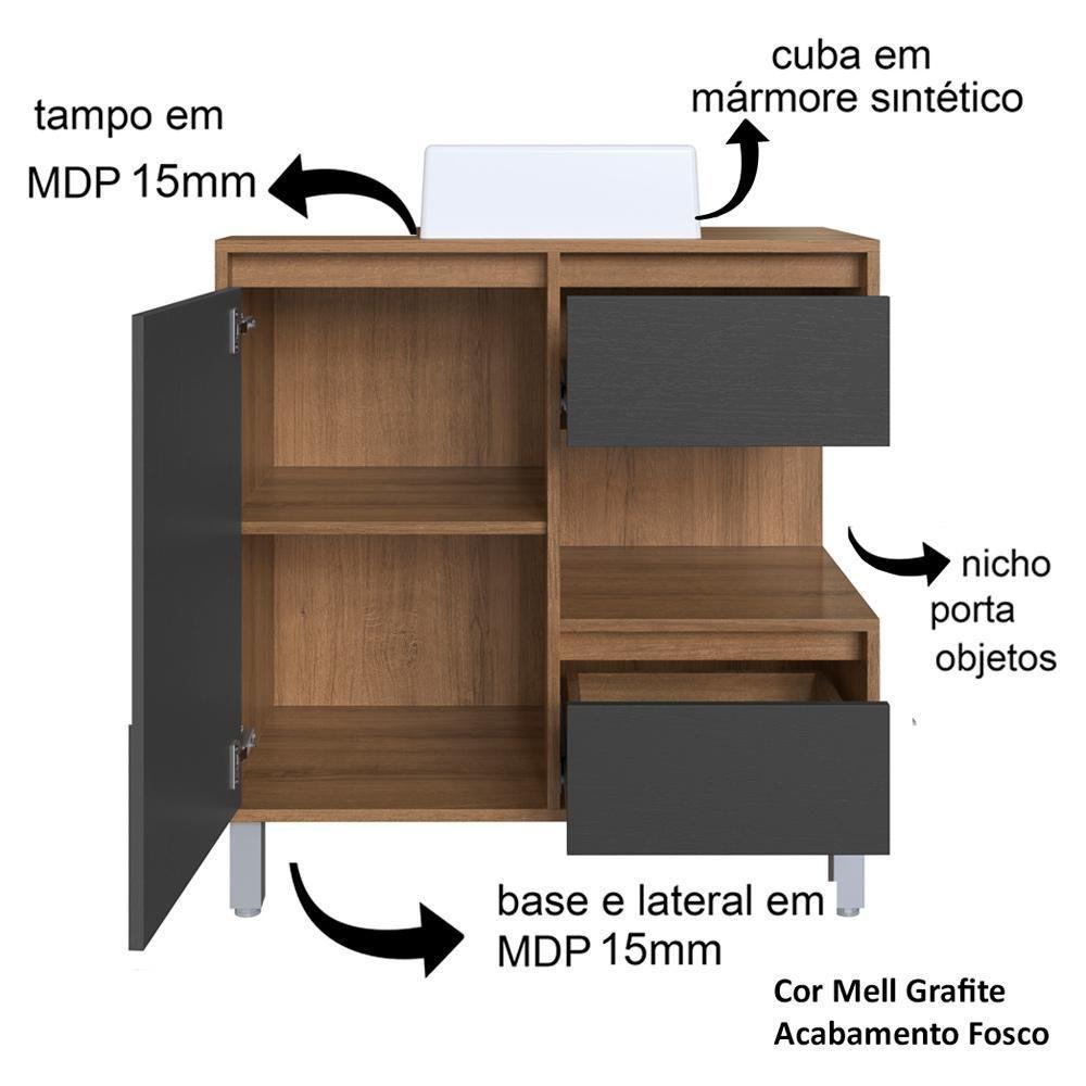 Gabinete Suspenso 80 Cm Cuba Branca Bl2001 Mell Grafite Faem Mell Grafite - 3
