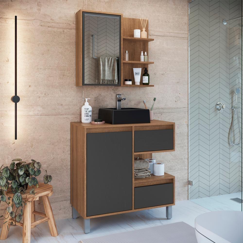 Gabinete 80 Cm Espelheira E Cuba Preta Cj2001 Mell Grafite Faem Mell Grafite - 2